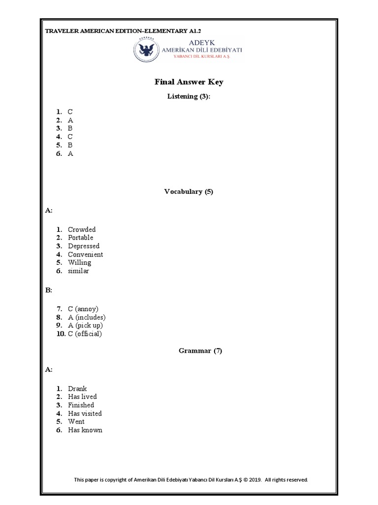 A1.2 Final Written Answer Key PDF | PDF