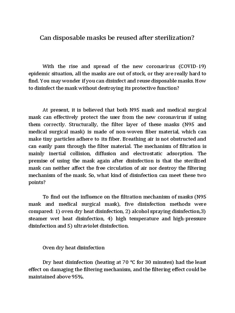 Can Disposable Masks Be Reused After Sterilization PDF Filtration