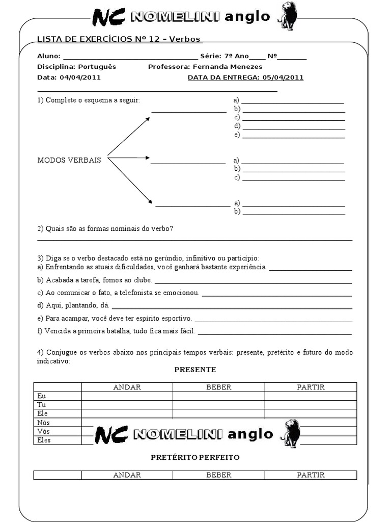 Lista - de - Exercicios - FORMAS NOMINAIS DO VERBO 8 Ano | PDF | Gramática