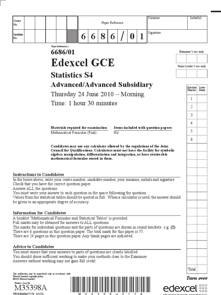 Edexcel GCE: Statistics S4 | PDF | Statistical Hypothesis Testing ...