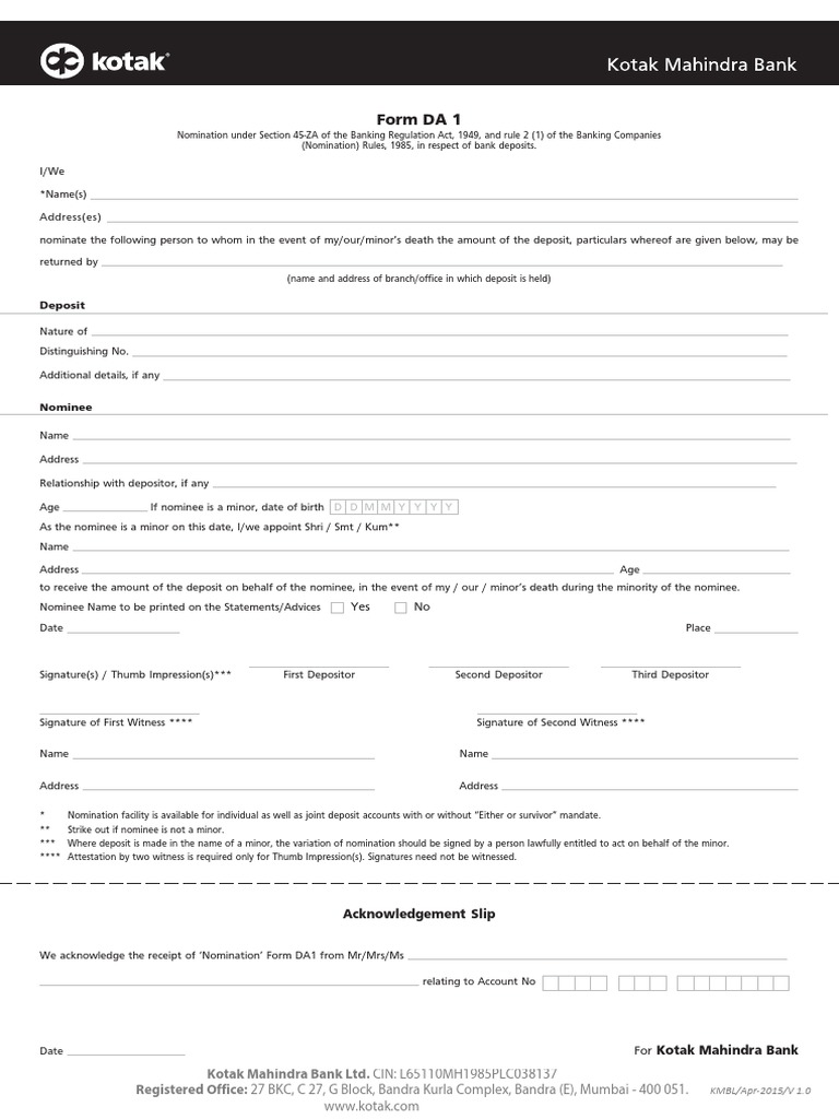 DA1 Nomination Form for Depositors | PDF | Deposit Account | Banks