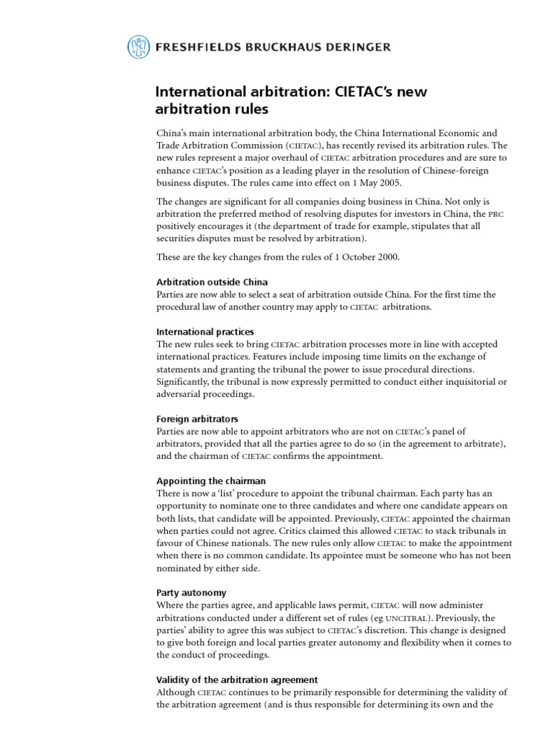 Fresh Field Article On New CIETAC Arbitration Rules | PDF | Arbitration ...