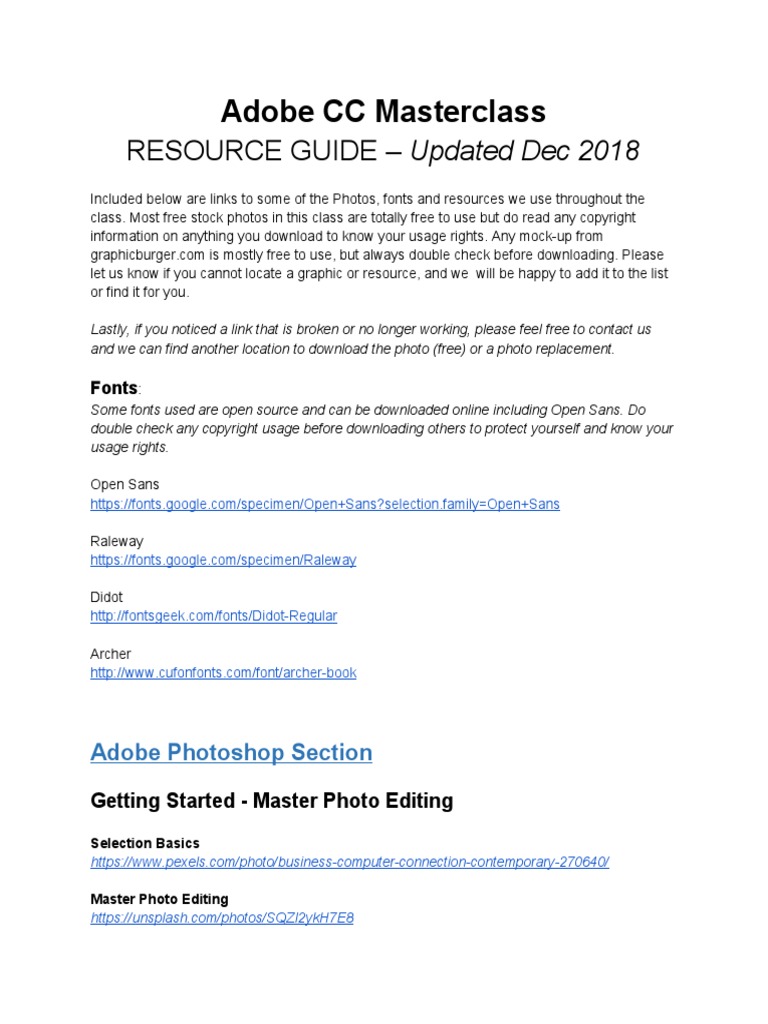 Adobe CC Masterclass: RESOURCE GUIDE - Updated Dec 2018 | PDF | Adobe ...
