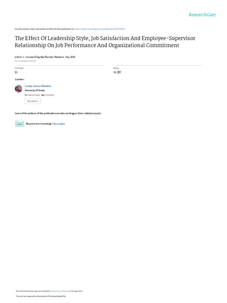 The Effect of Leadership Style Job Satisfaction An PDF | PDF ...
