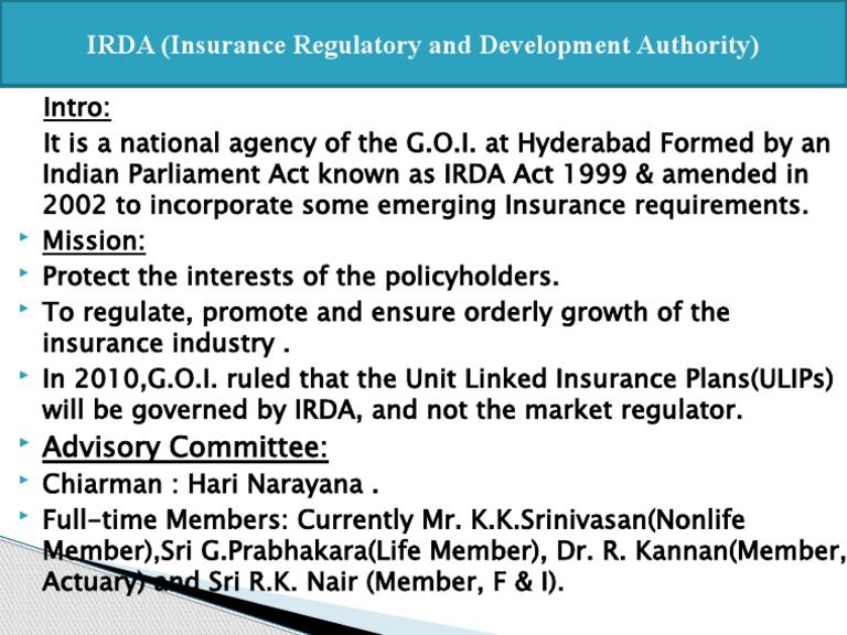 Overview of IRDA's Mission and Structure | PDF | Finance & Money Management
