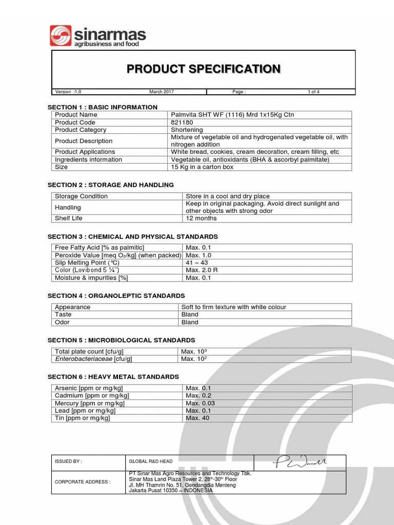 Product Specification Section 1 Basic Information Vegetable Oil Foods