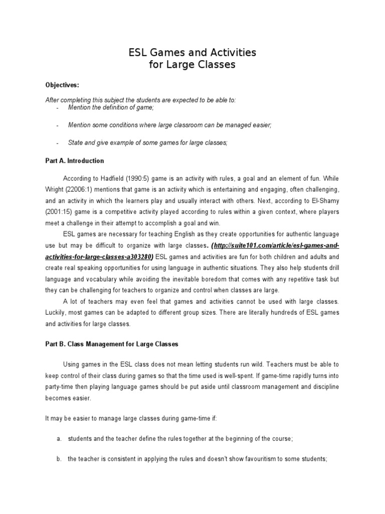 ESL Games for Large Classes PDF English As A Second Or Foreign