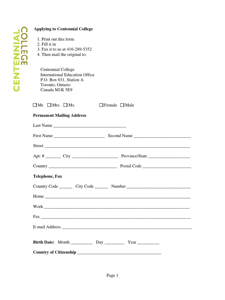 Centennial College Application Form Mail Fax