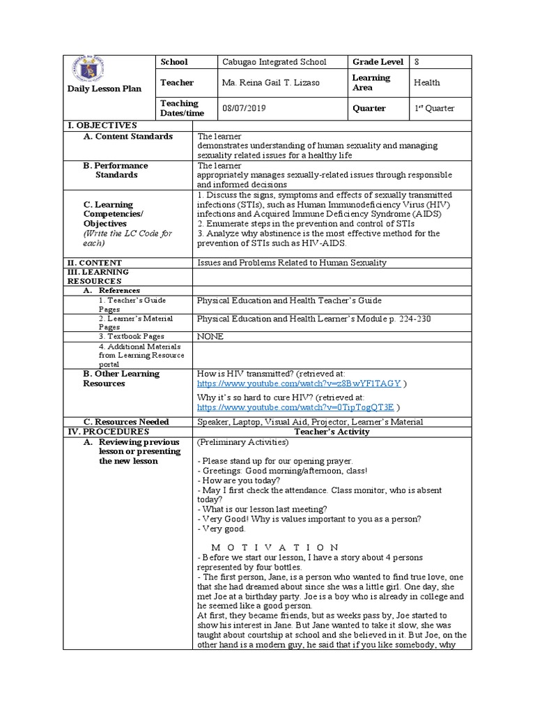 Daily Lesson Plan STI | PDF | Sexually Transmitted Infection | Hiv/Aids