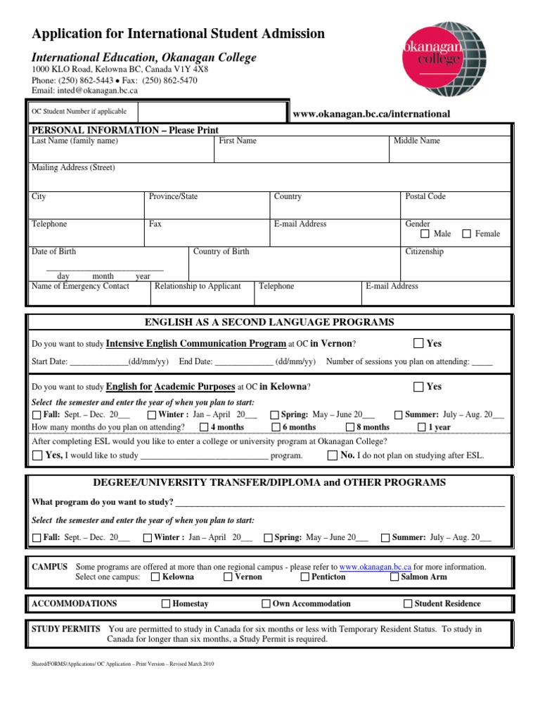 Okanagan College Application Form PDF Debit Card Business