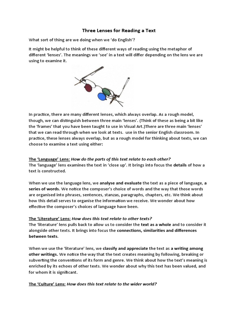 Three Lenses For Looking at A Text PDF Pronoun Verb