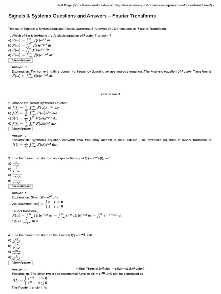 Unit 3 Fourier Transforms Questions And Answers Sanfoundry Pdf Spectral Density Fourier Transform