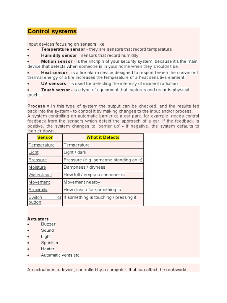 Control Systems: Input Devices Focusing On Sensors Like | PDF