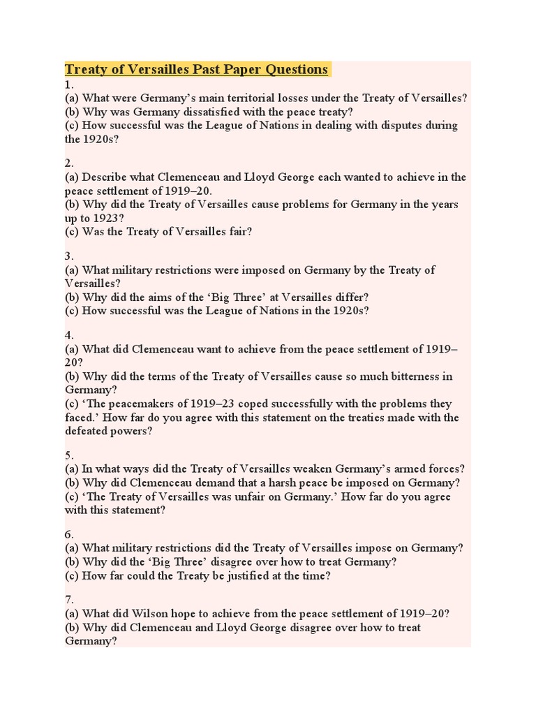 Treaty of Versailles Past Paper Questions Analysed | PDF | Treaty Of ...