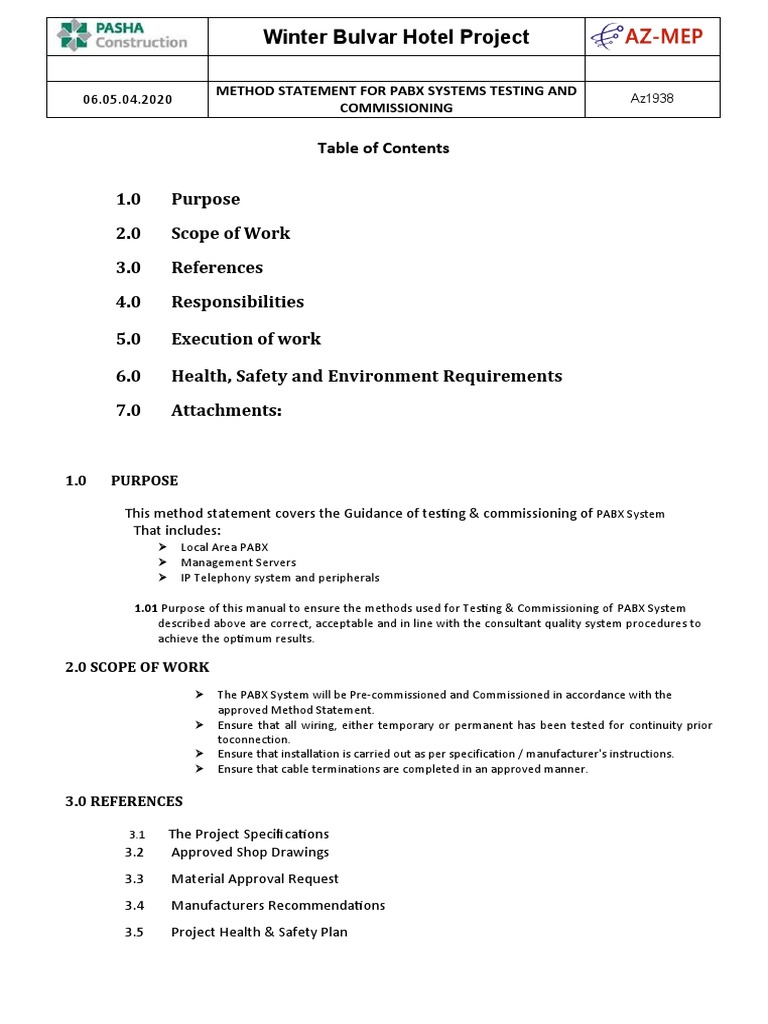 PABX System Testing Method Statement | PDF | Personal Protective ...