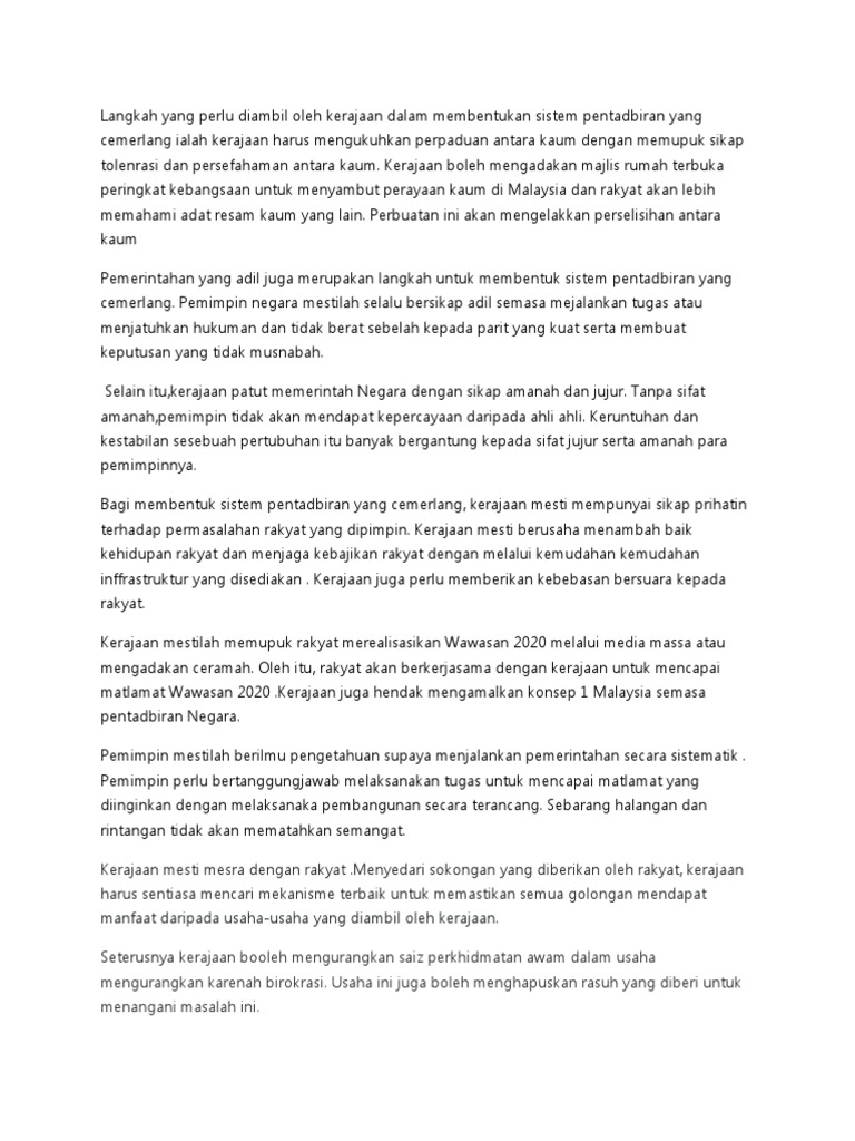 Langkah Yang Perlu Diambil Oleh Kerajaan Dalam Membentukan Sistem Pentadbiran Yang Cemerlang Ialah Kerajaan Harus Mengukuhkan Perpaduan Antara Kaum Dengan Memupuk Sikap Tolenrasi Dan Persefahaman Antara Kaum Pdf
