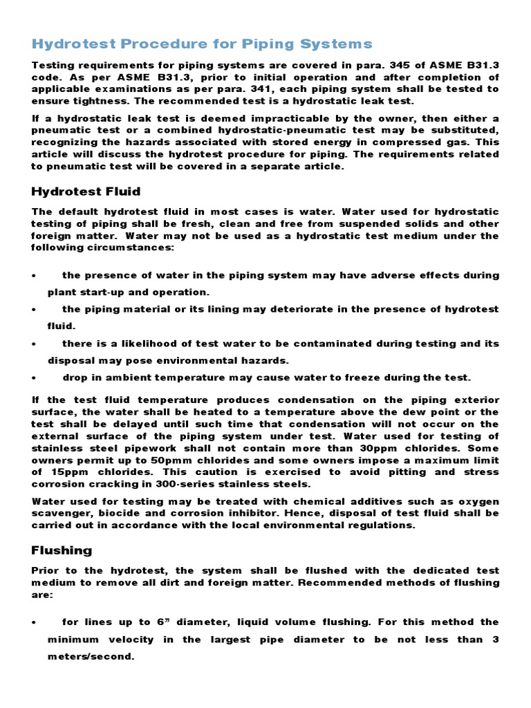 Hydrotest Procedure for Piping Systems | PDF | Leak | Pipe (Fluid ...