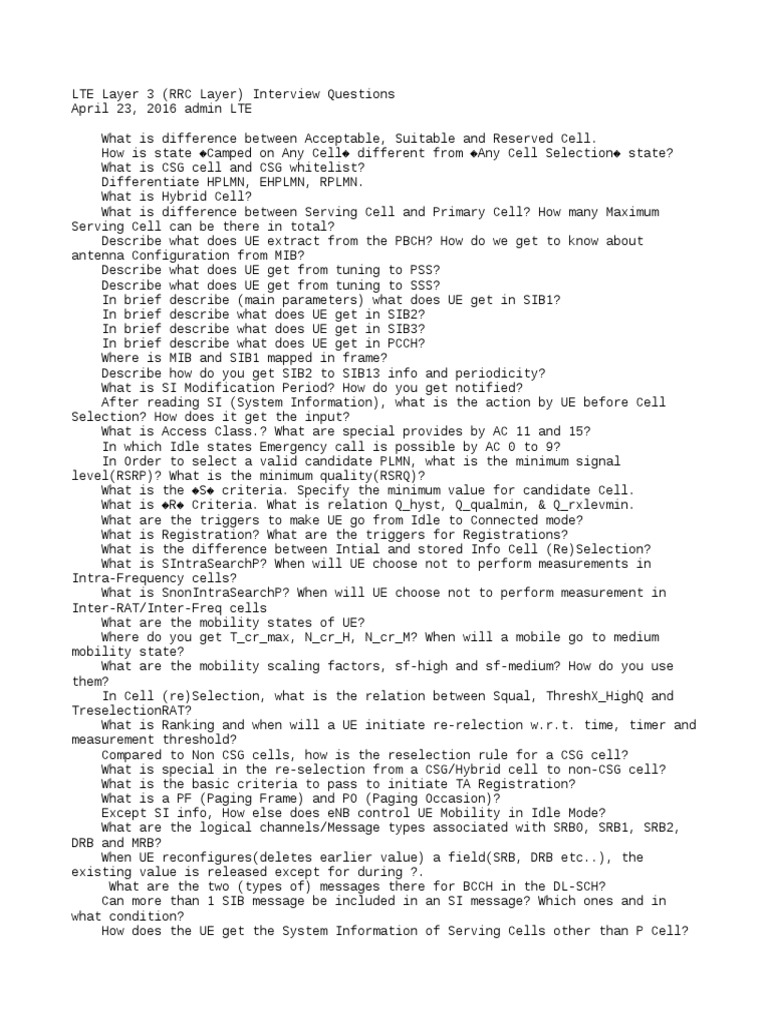 LTE Layer 3 (RRC Layer) Interview Questions | PDF | Digital Technology ...