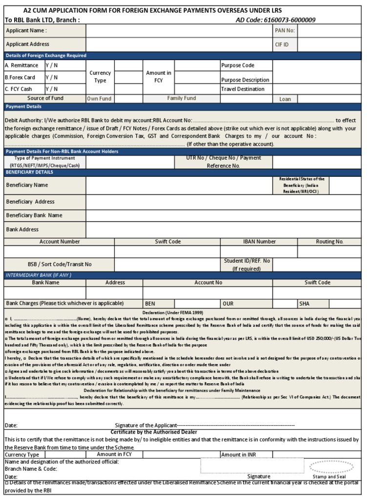 A2 Cum Lrs Declaration Form PDF Banking Banks