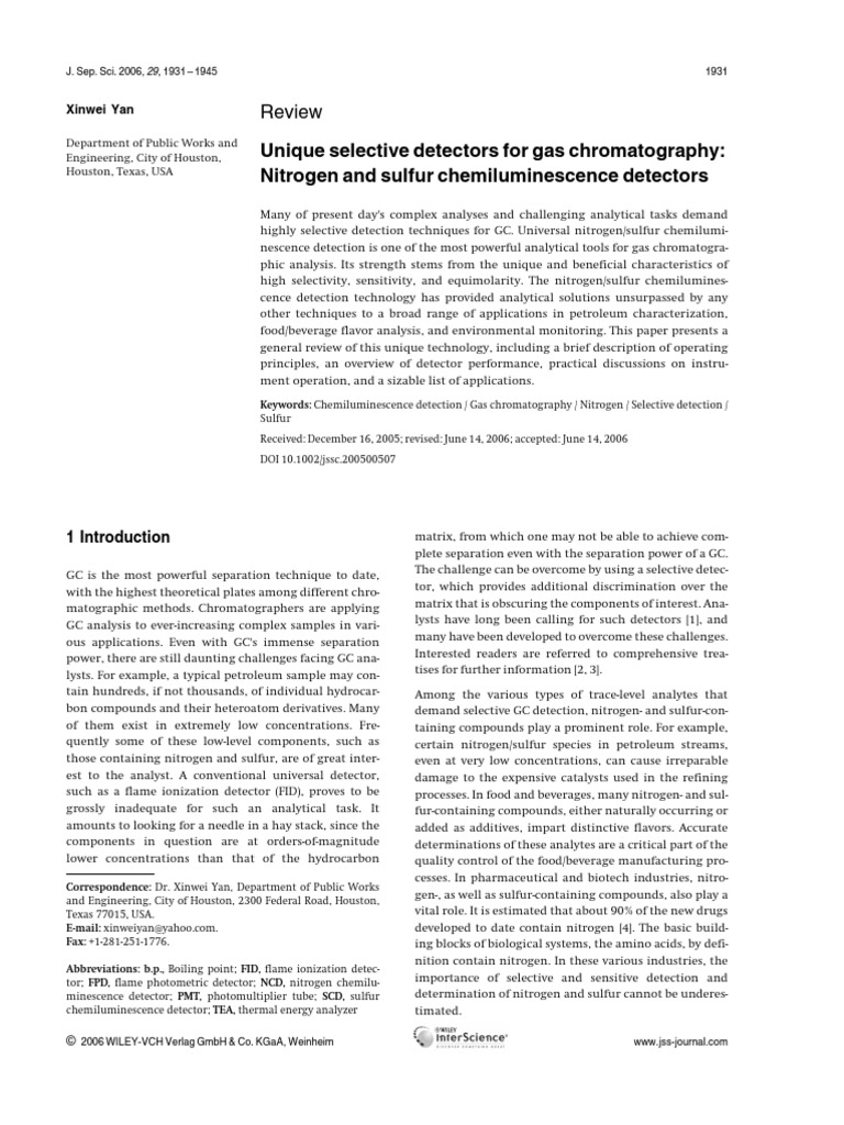 Review Unique Selective Detectors For Gas Chromatography Nitrogen and Sulfur Chemiluminescence