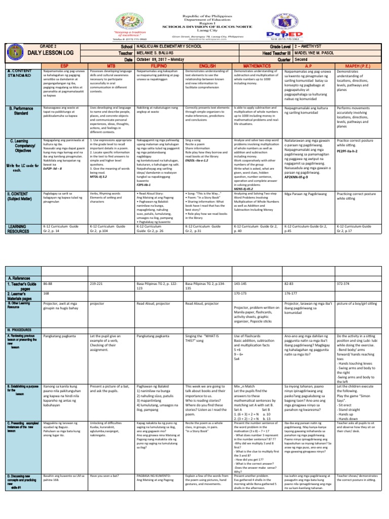 Grade 2 Daily Lesson Log Overview | PDF | Cognition | Semiotics