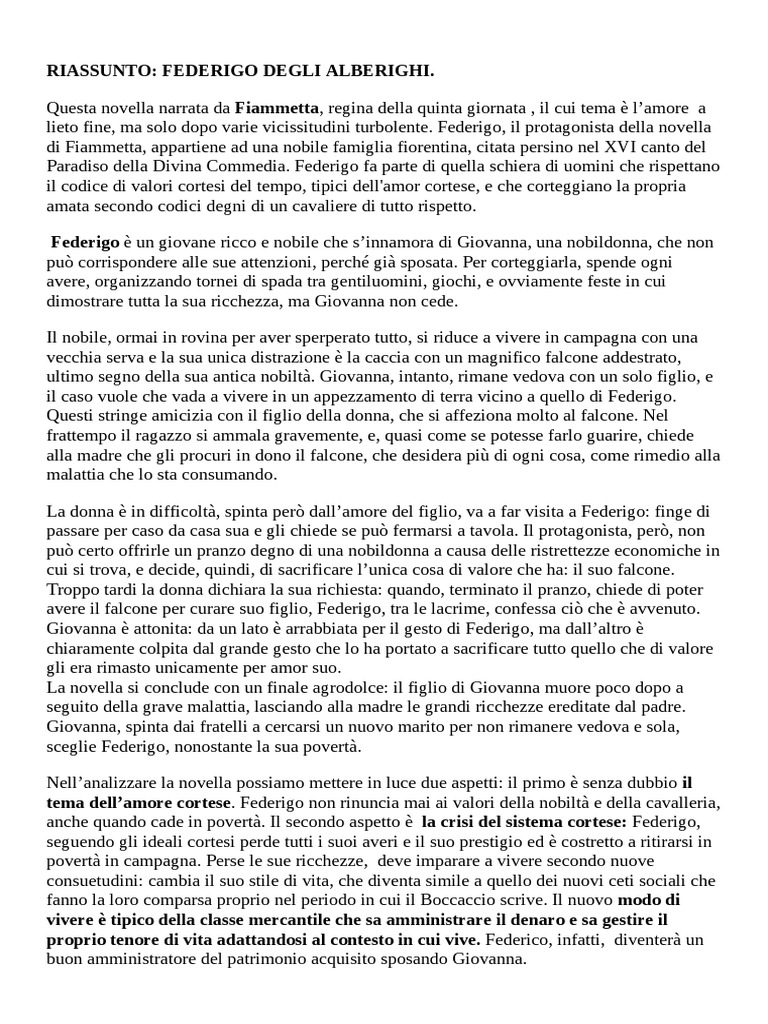 Analisi Del Testo Federigo Degli Alberighi