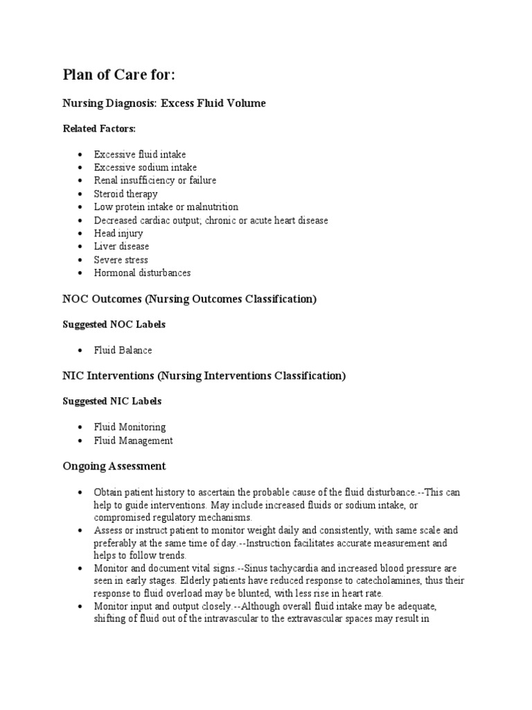 Plan of Care For:: Nursing Diagnosis: Excess Fluid Volume | Download ...