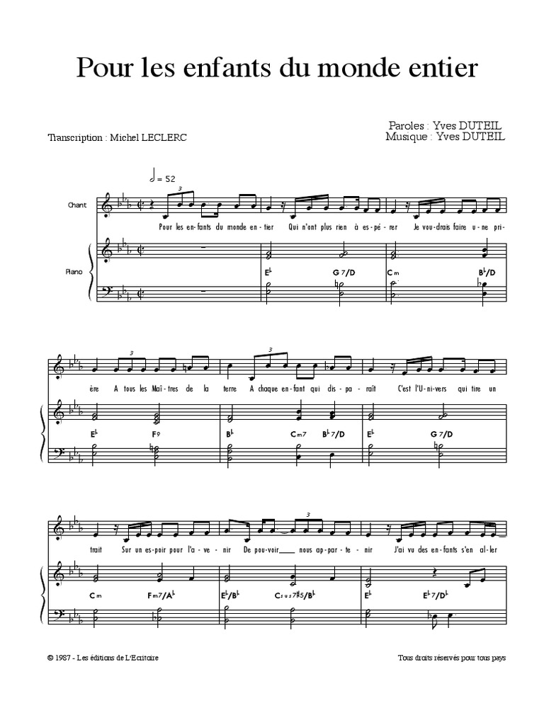 Piano - Partition - Pour Les Enfants Du Monde Entier, PDF
