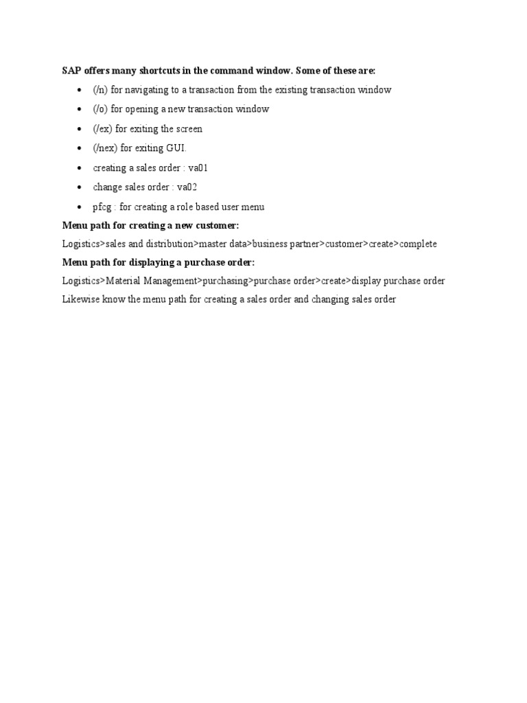 SAP Command Window Shortcuts | PDF
