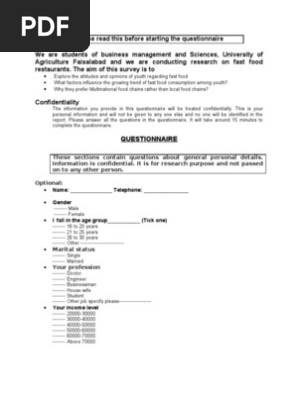 Questionair Pdf Fast Food Fast Food Restaurants