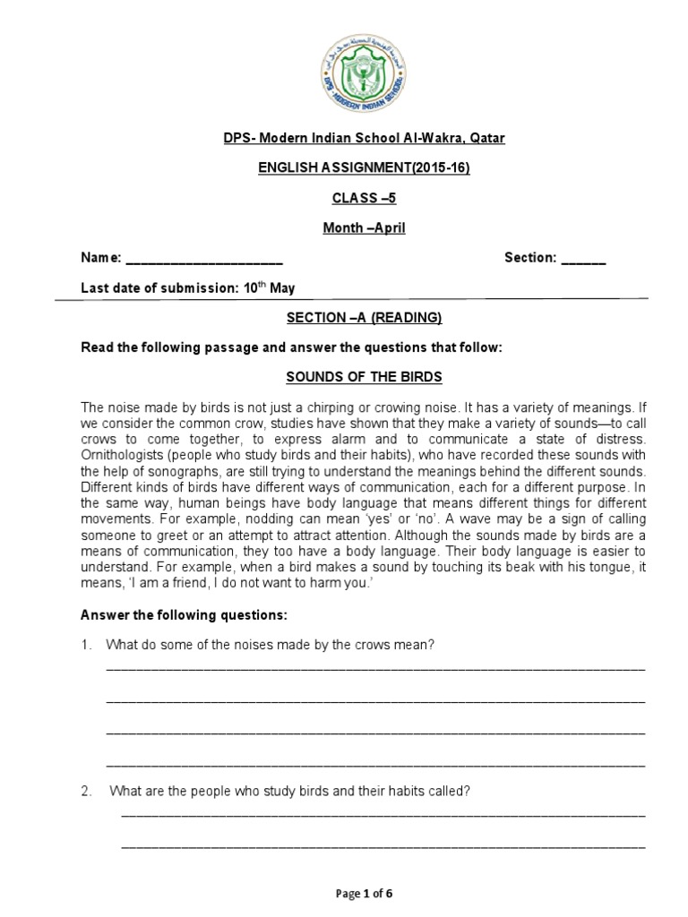Class-5-English-assignment-5-v02 - R1 | PDF | Body Language | Sound