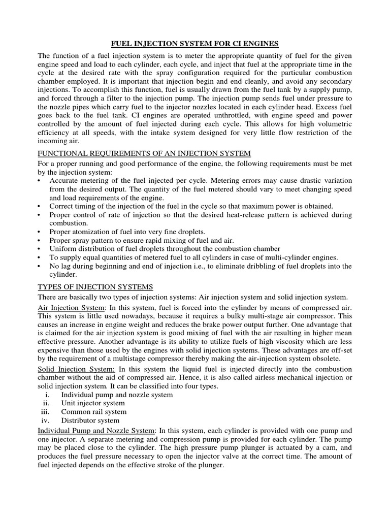 Fuel Injection System For Ci Engines PDF PDF Fuel Injection Combustion