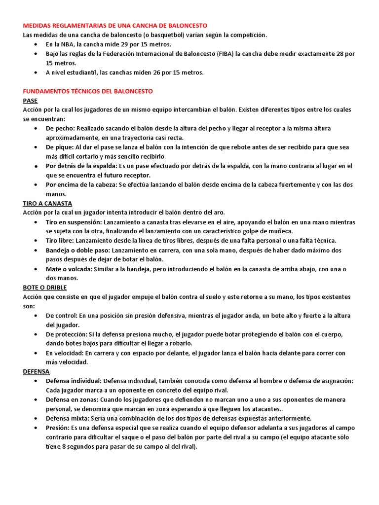 Medidas Reglamentarias de Una Cancha de Baloncesto | PDF | Defensor  (Asociación de Fútbol) | Vóleibol