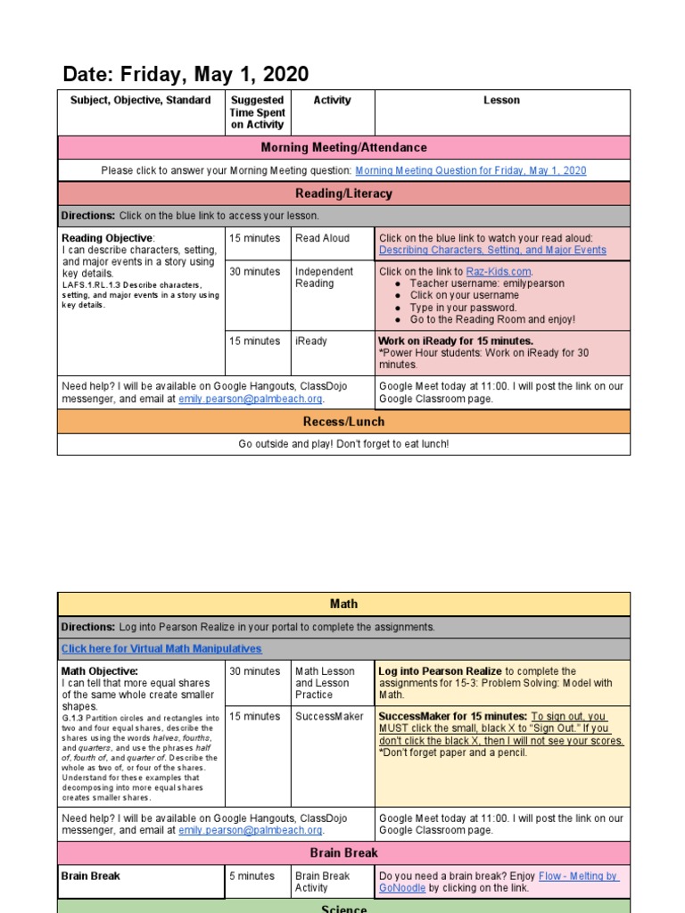 First Grade Daily Lesson Plan | PDF | Science | Behavior Modification