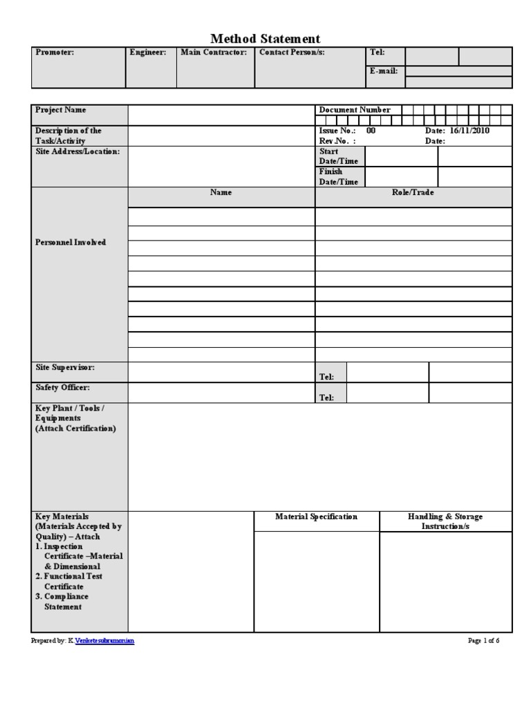 Method Statement Format for Mep