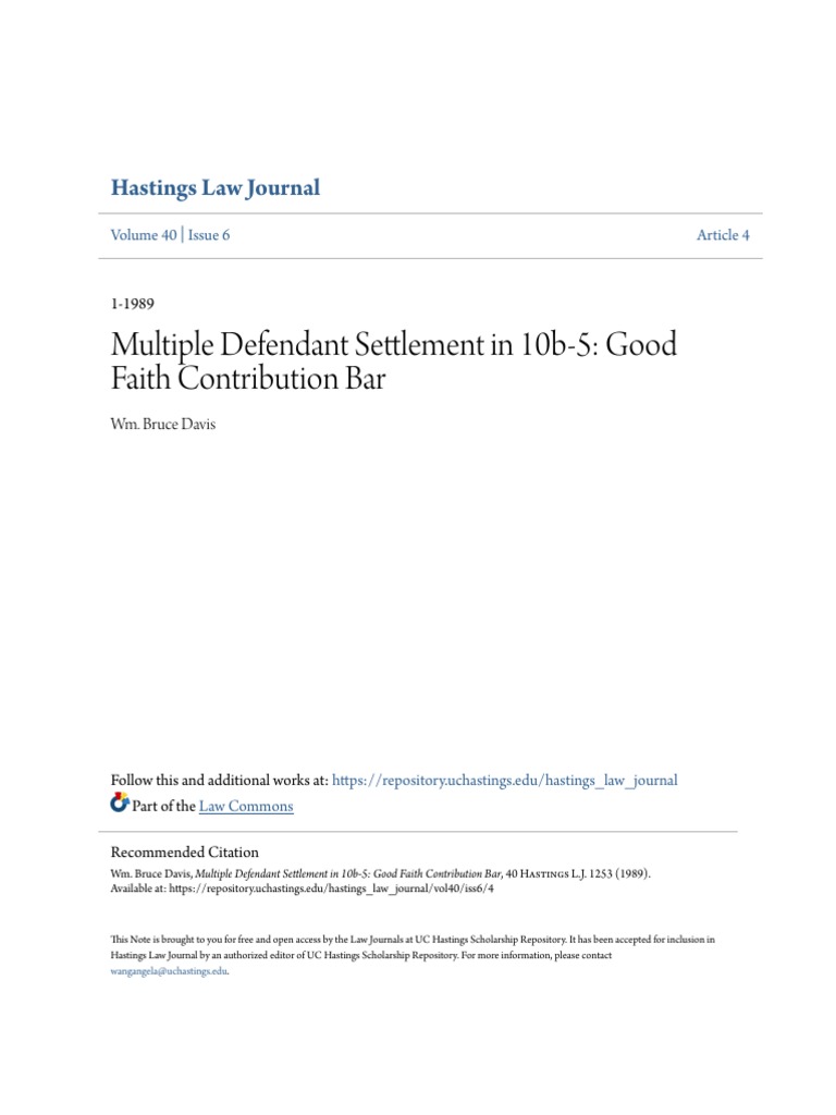 Multiple Defendant Settlements in 10b5 Actions Good Faith