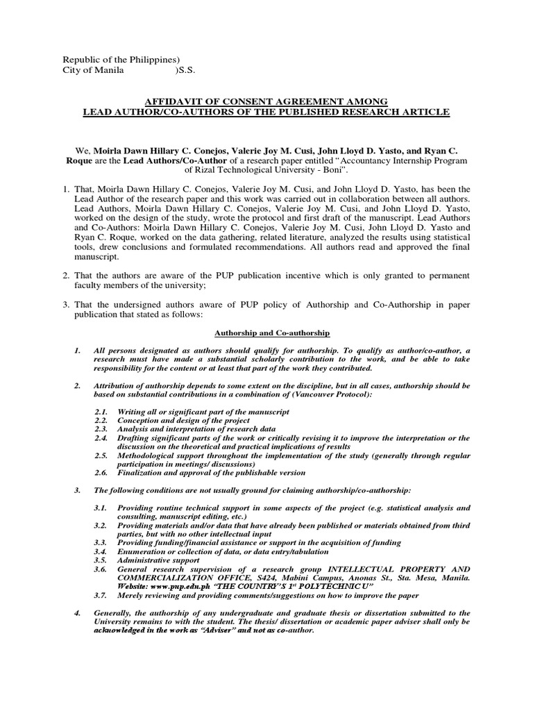 Affidavit of Consent Agreement Among Lead Author/CoAuthors of The
