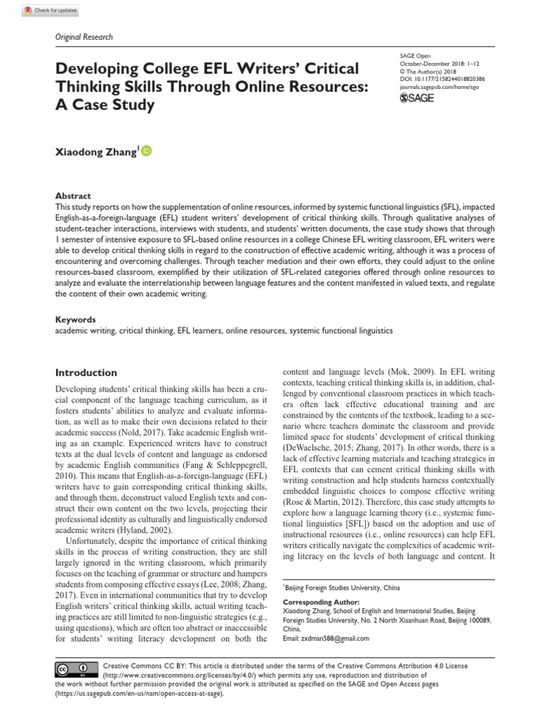 Developing College EFL Writers' Critical Thinking Skills Through Online ...