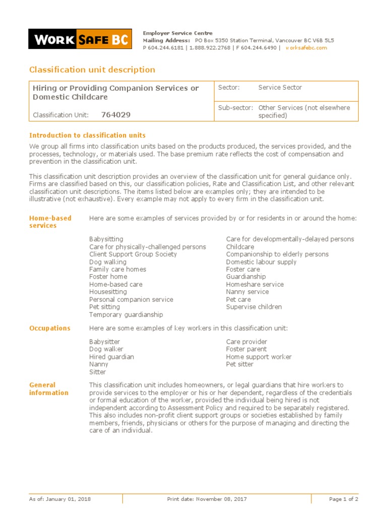 Classification Unit Overview for Services | PDF | Babysitting | Child Care