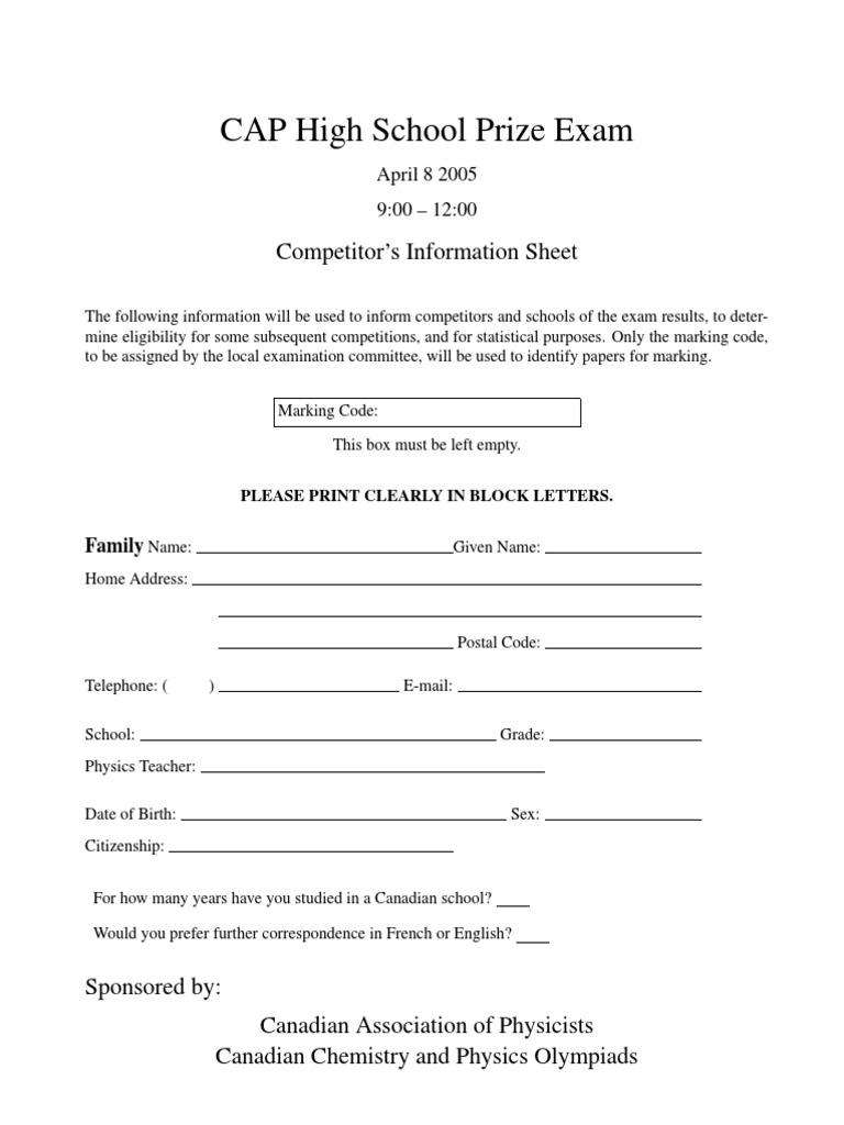 CAP High School Prize Exam Competitor's Information Sheet PDF