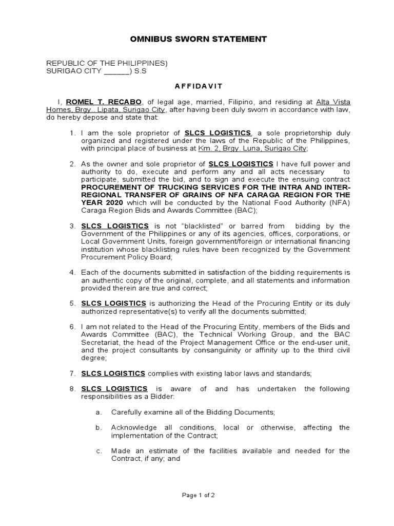 OMNIBUS SWORN STATEMENT Sample PDF Sole Proprietorship Economies