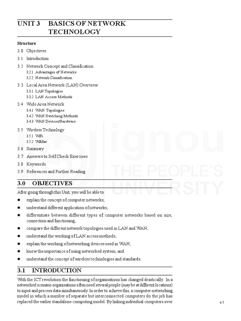 Unit 3 Basics of Network Technology 3.0 Objectives PDF Network