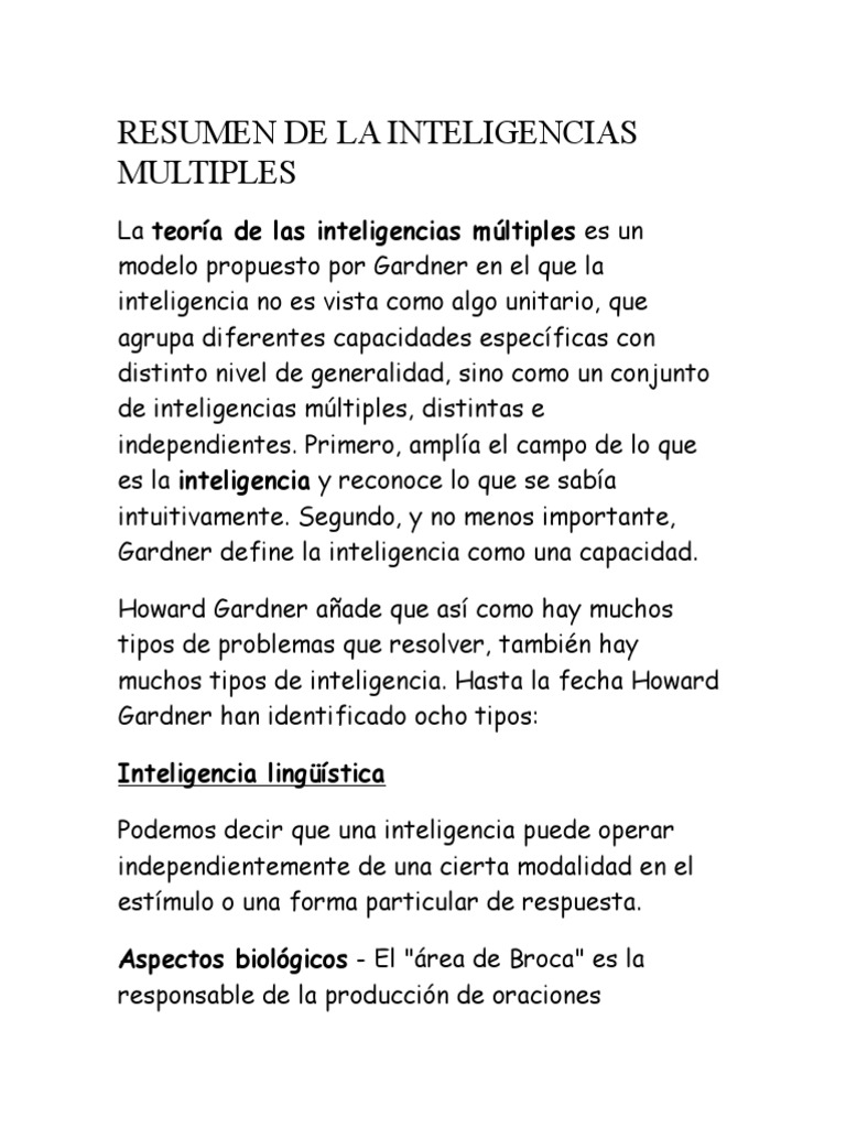 Resumen de La Inteligencias Multiples | PDF | Inteligencia | Sistema  nervioso