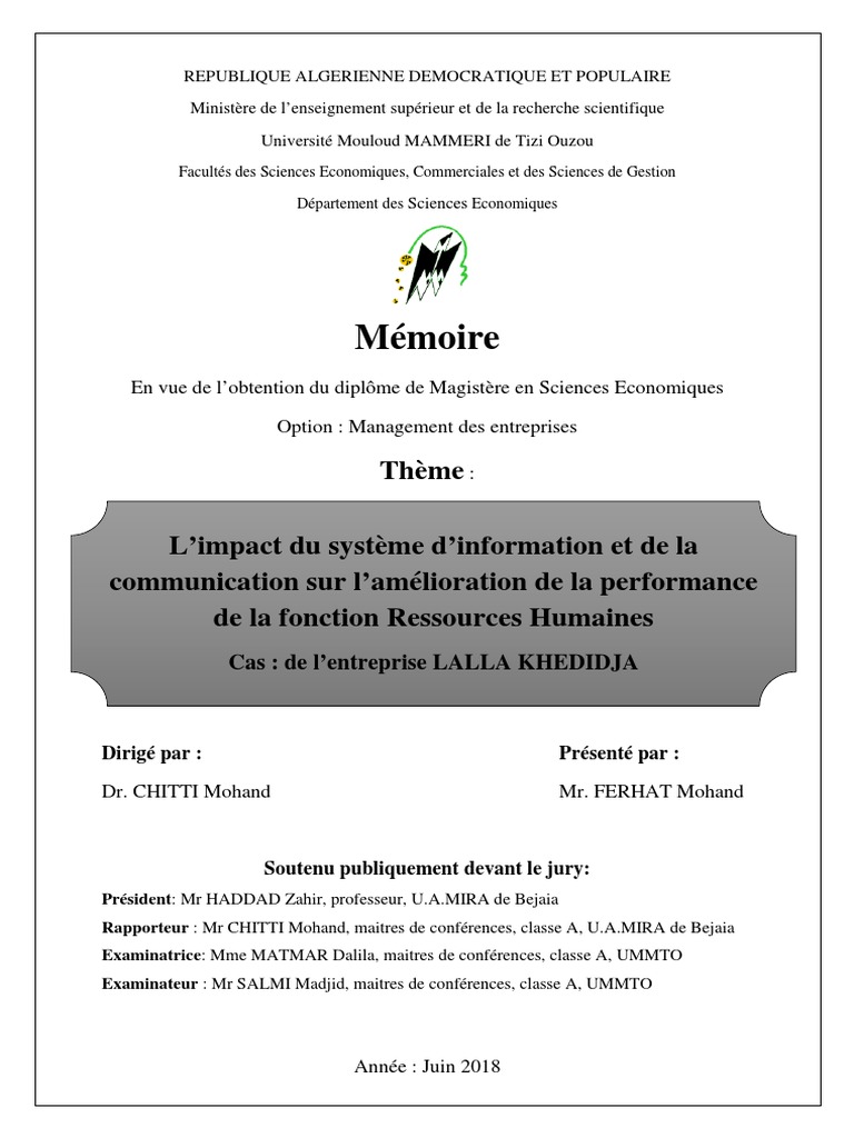 Memoire Pdf Gestion Des Ressources Humaines Systeme D Information