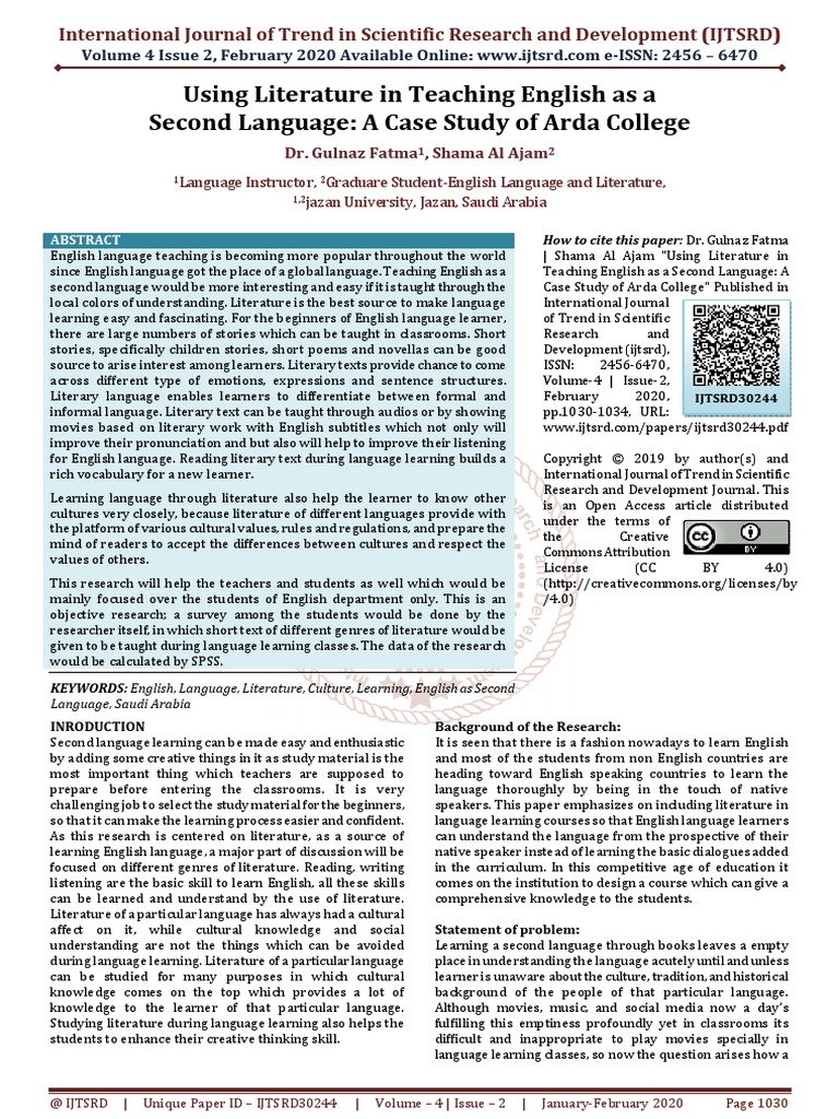 Using Literature in Teaching English As A Second Language A Case Study ...