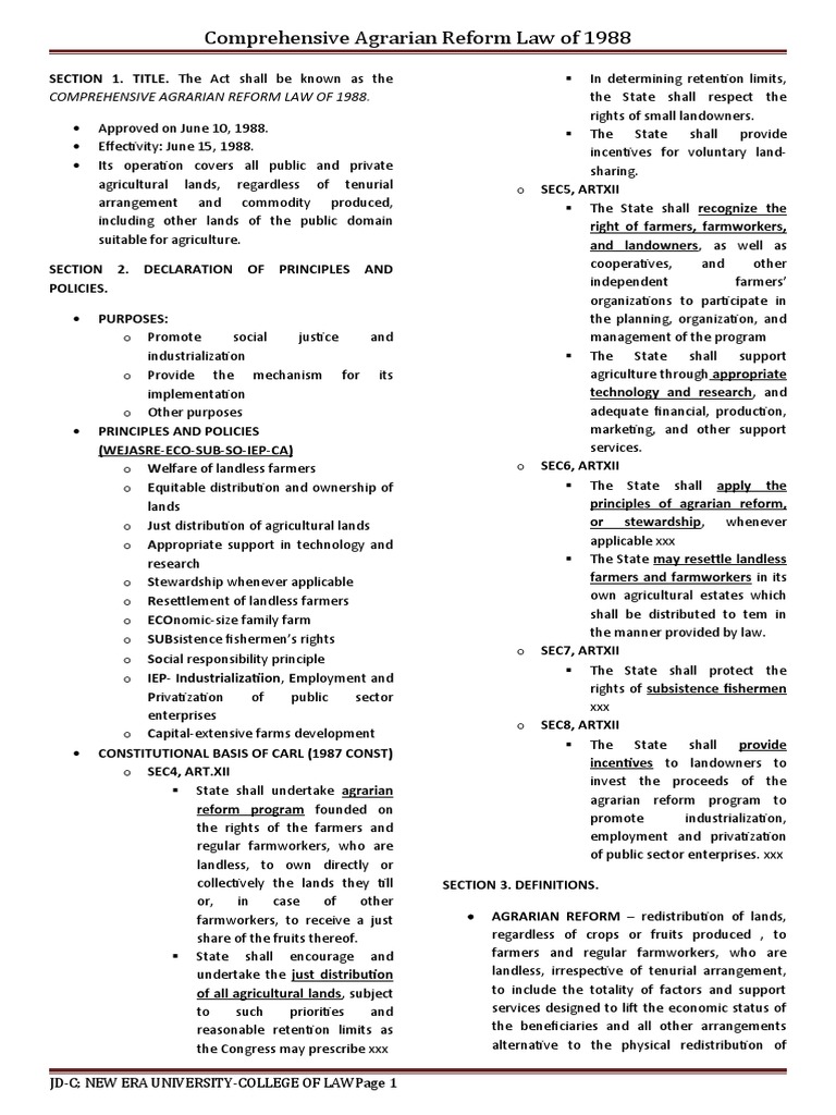 Comprehensive Agrarian Reform Law of 1988 | PDF | Leasehold Estate | Lease
