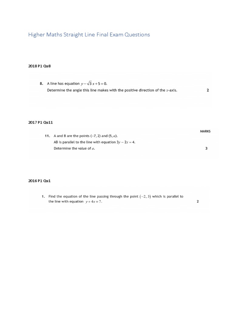 Higher Maths Straight Line Exam Questions | PDF