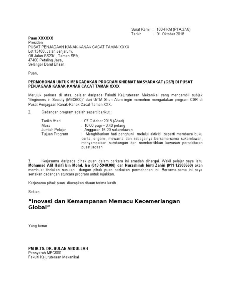 Contoh Surat Permohonan Air Dr Samb