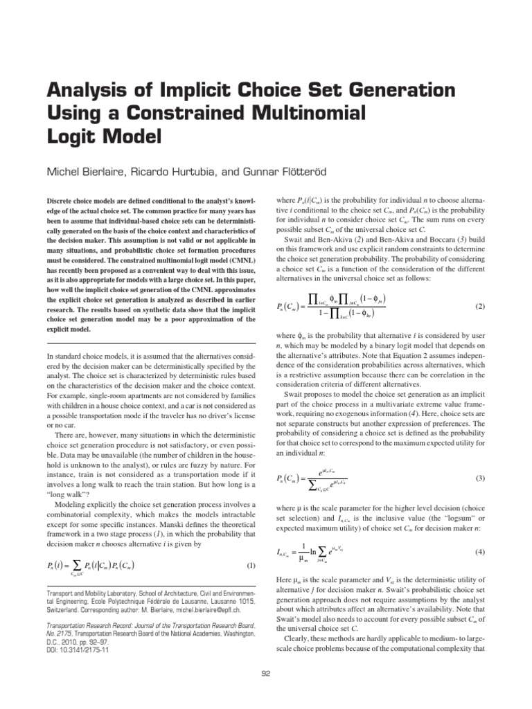 Analysis of Implicit Choice Set Generation Using A Constrained ...