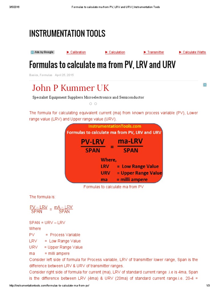 Formulas To Calculate Ma From PV, LRV and URV - Instrumentation Tools ...